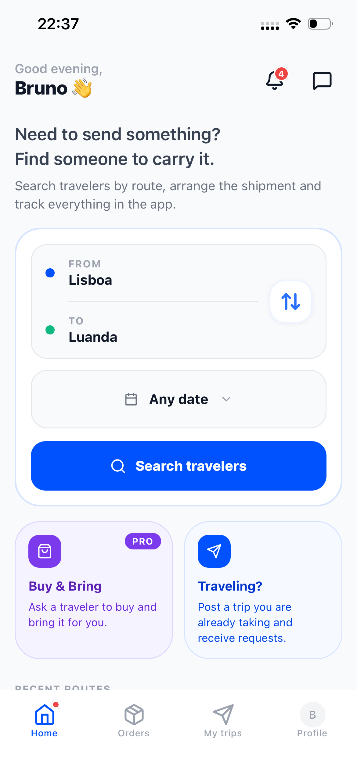 Ecrã inicial da app Pakiter