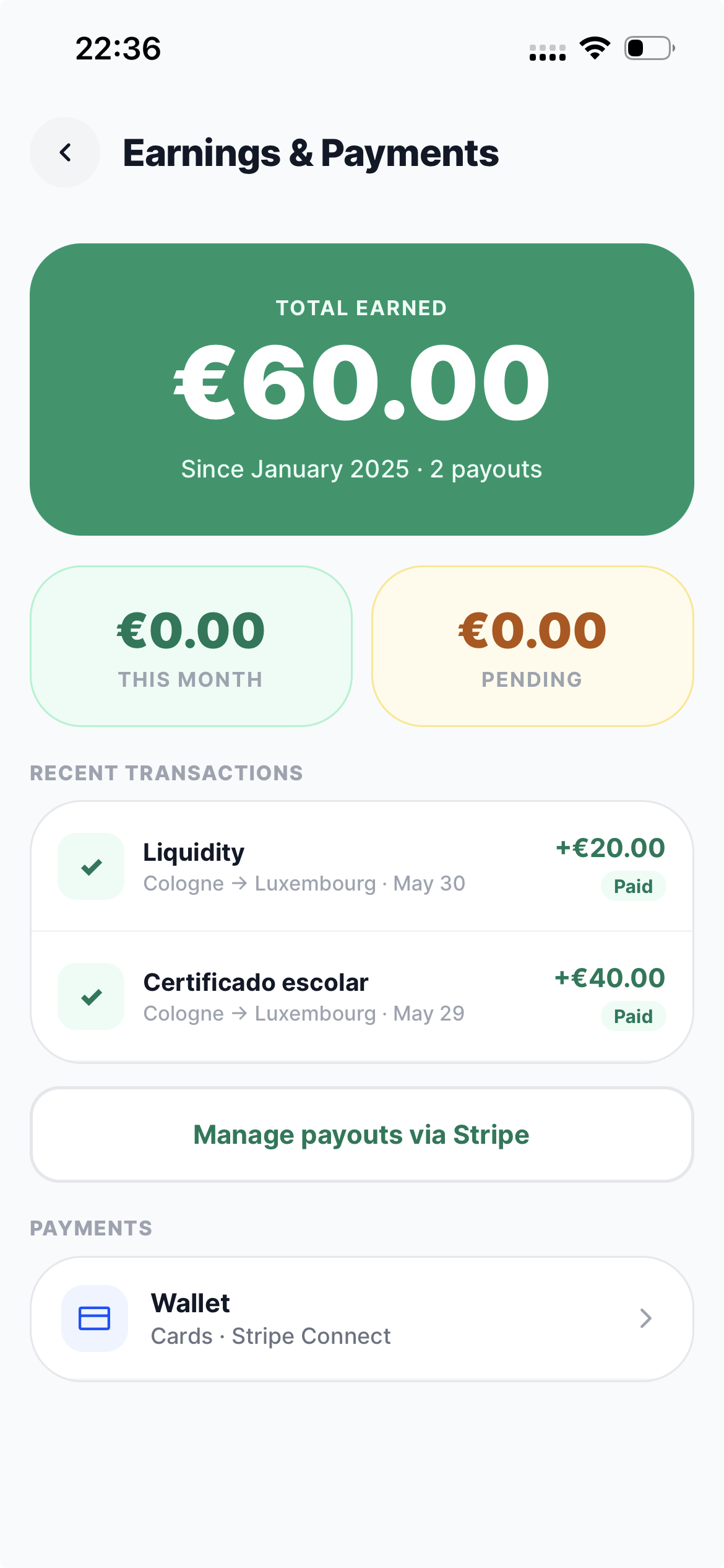 Ecrã de ganhos da app Pakiter