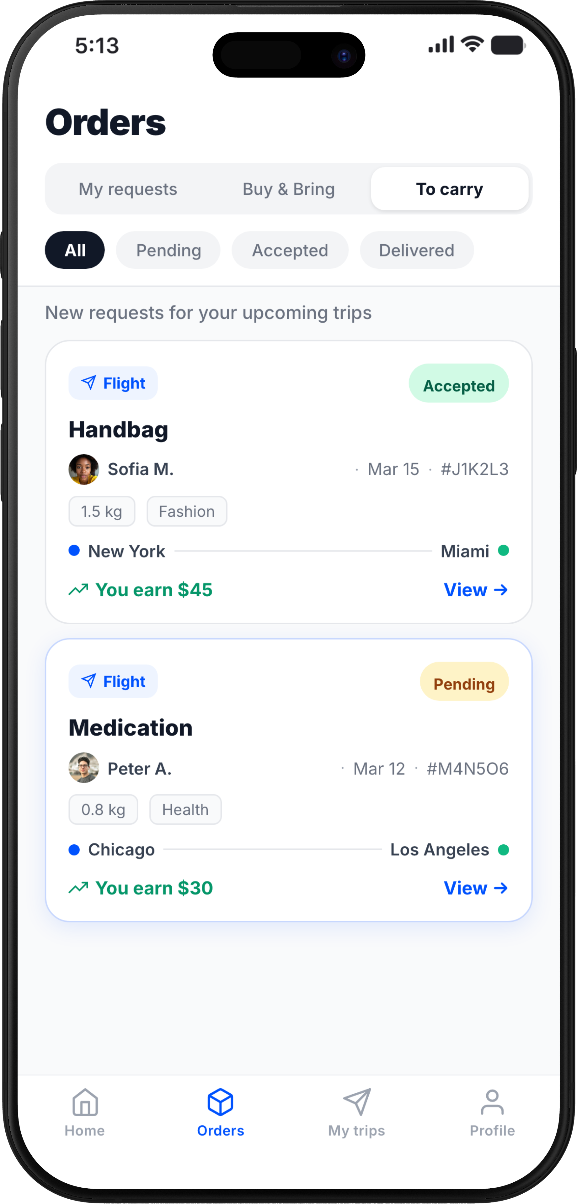 Pakiter app orders screen