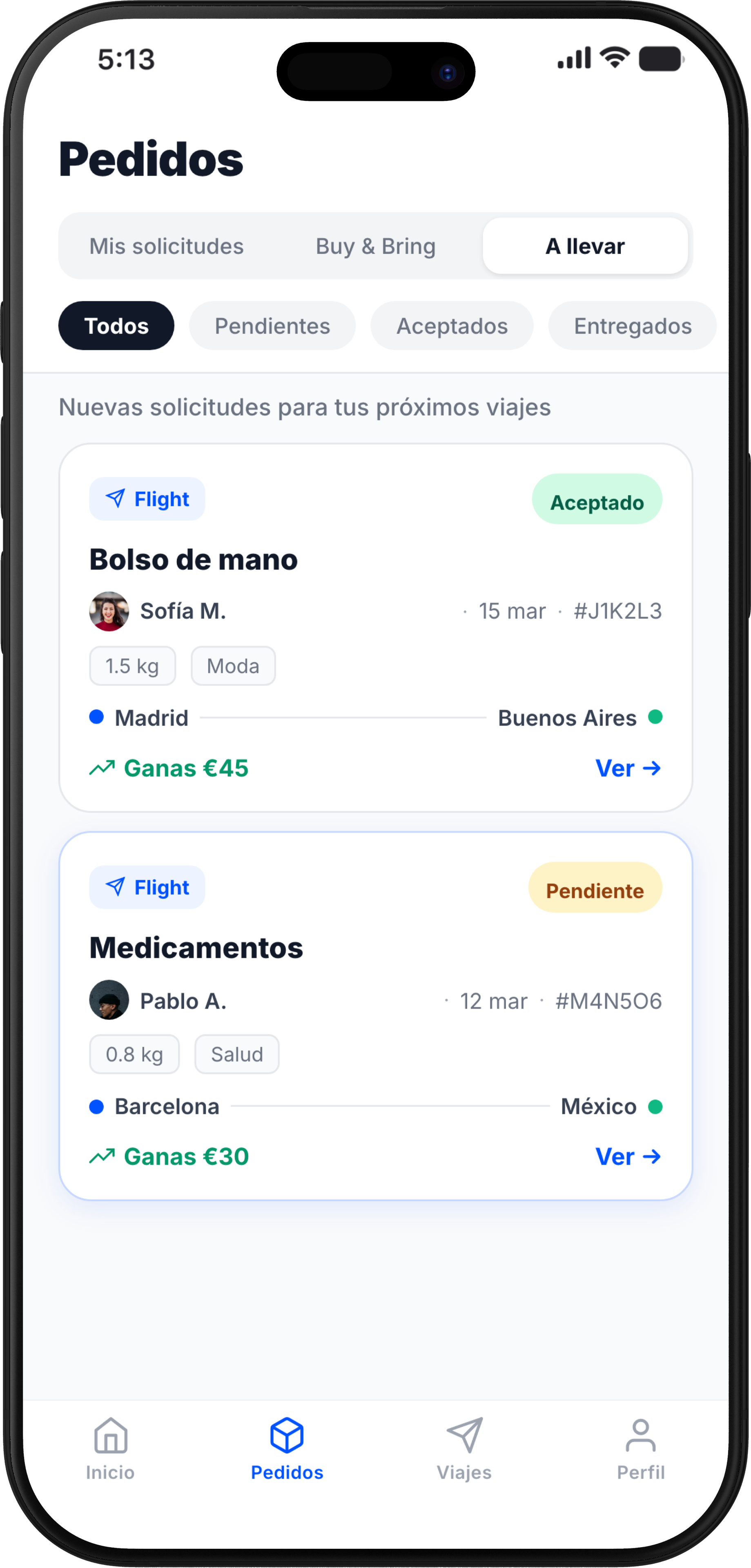 Pantalla de pedidos de Pakiter