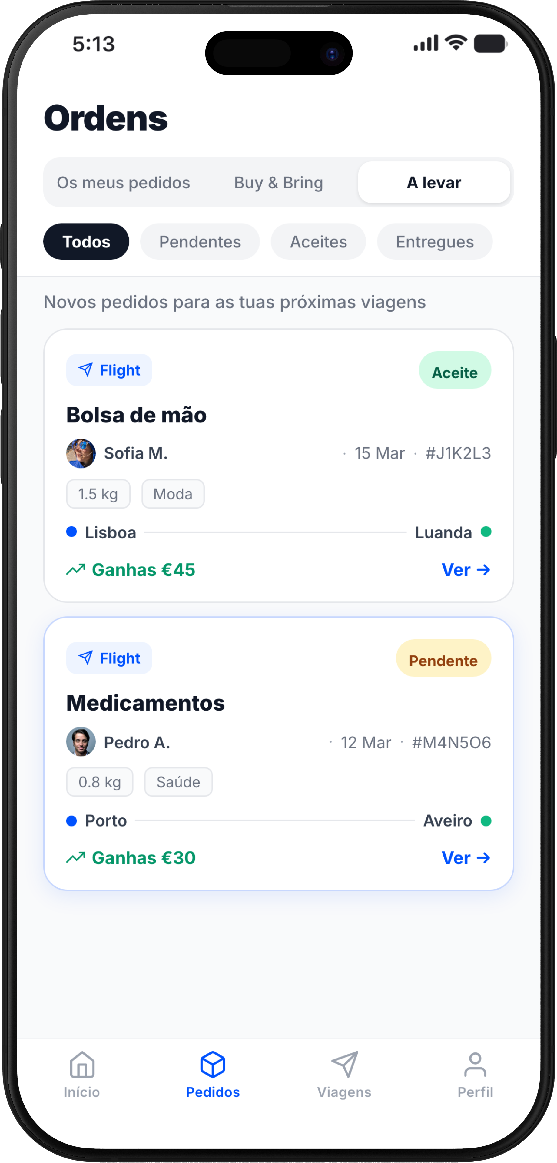 Ecrã de ordens da app Pakiter